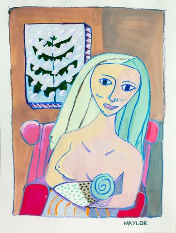 Woman in Chair with Snow falling Outside