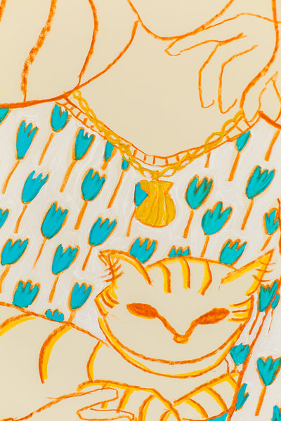 Woman on Couch with Cat at Moonrise