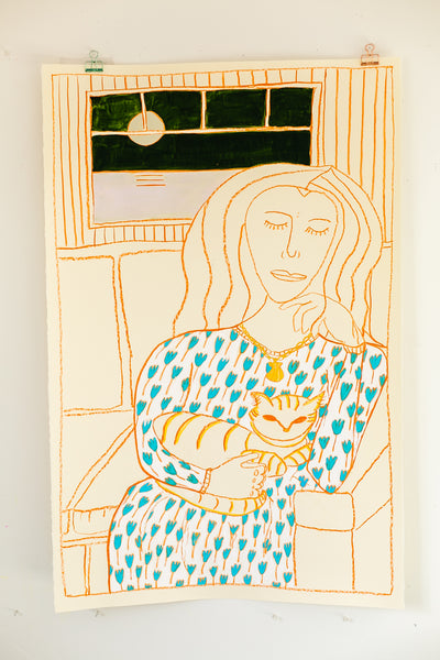 Woman on Couch with Cat at Moonrise