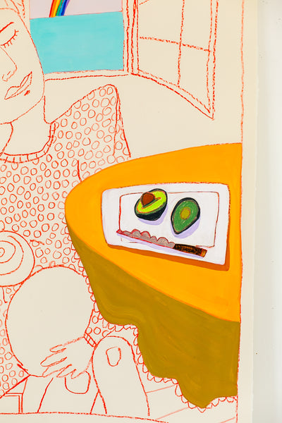 Woman with baby, avocado snack, and rainbow