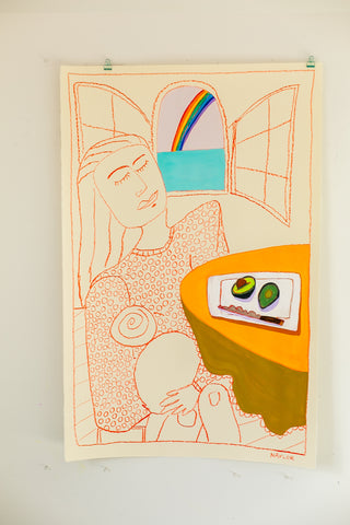 Woman with baby, avocado snack, and rainbow