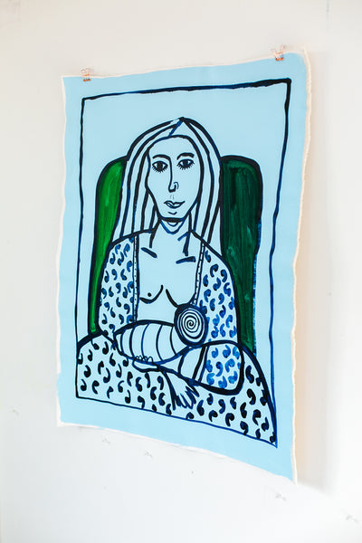 Blue Woman in Chair with newborn
