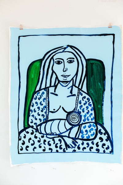 Blue Woman in Chair with newborn