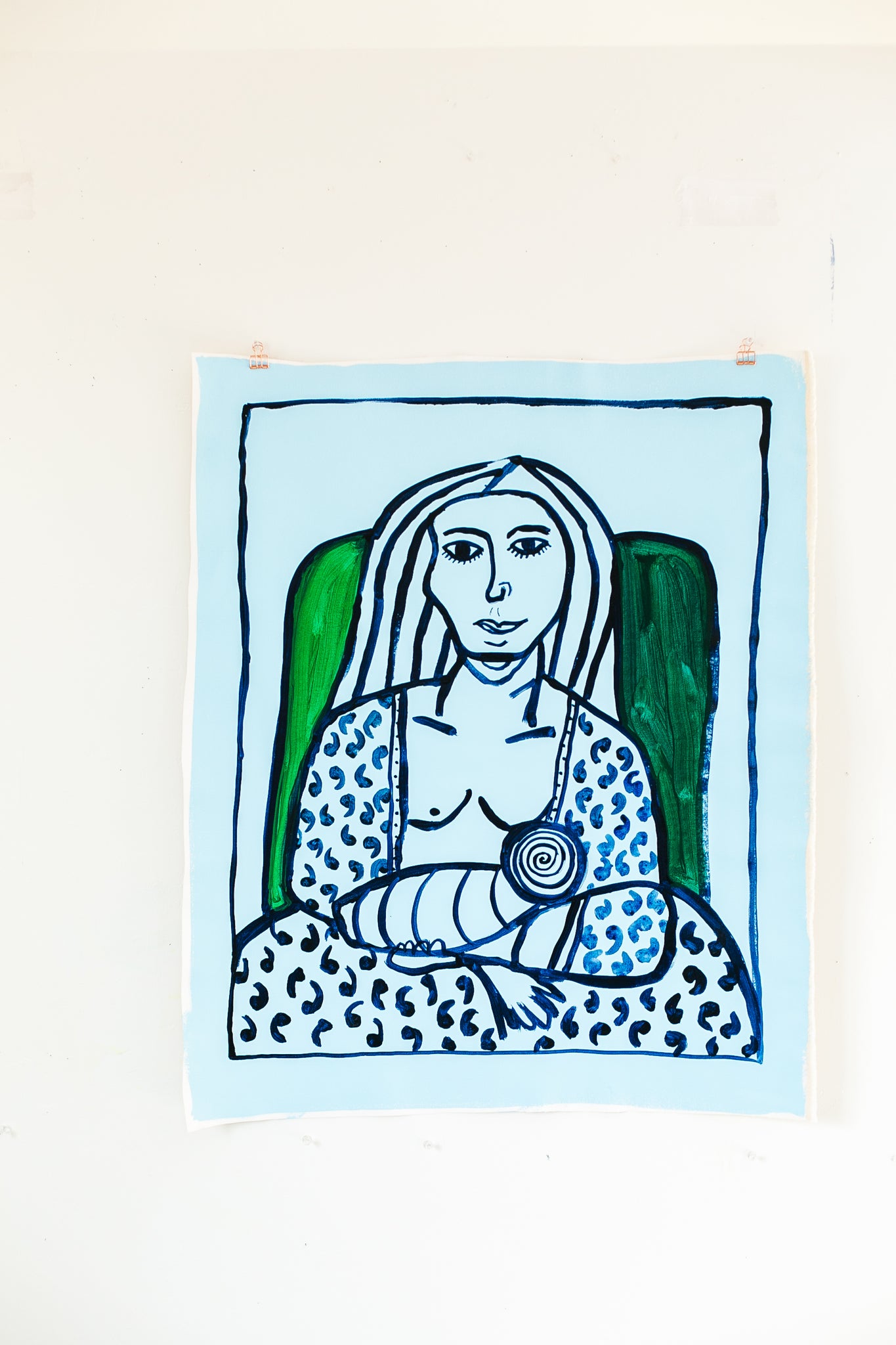 Blue Woman in Chair with newborn