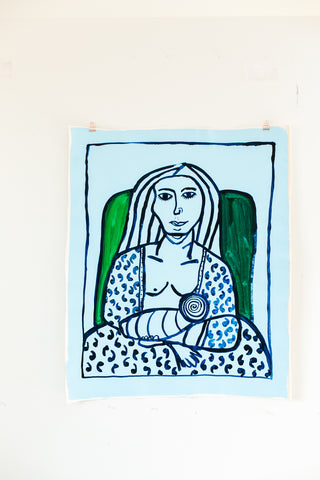 Blue Woman in Chair with newborn