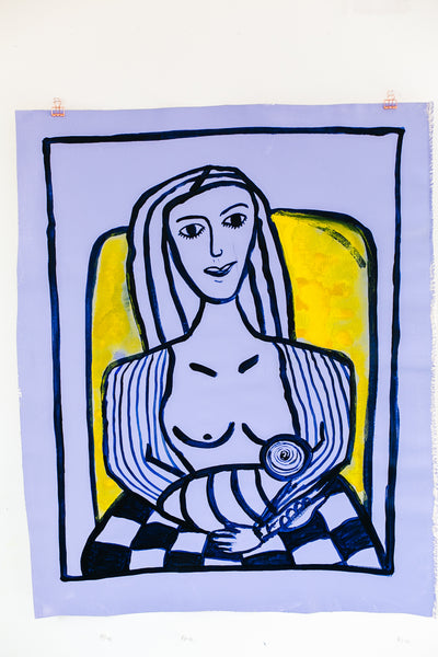 Woman in Chair with checkered blanket