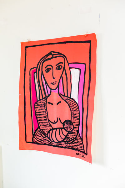 Red Woman in Chair with baby