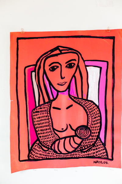 Red Woman in Chair with baby