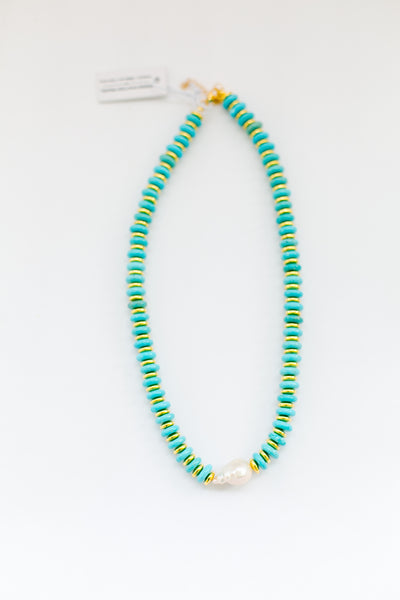 14K Gold Plated + Sterling Silver Turquoise and Pearl Necklace