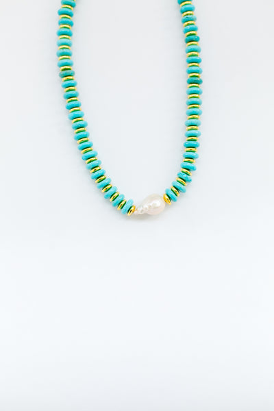 14K Gold Plated + Sterling Silver Turquoise and Pearl Necklace