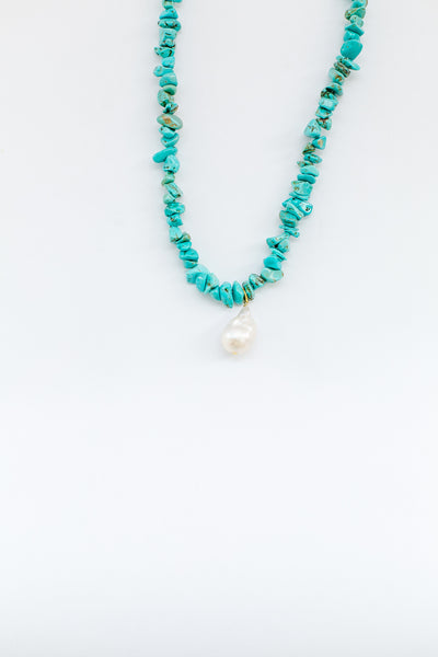 14K Gold Plated + Sterling Silver Turquoise and Pearl Necklace