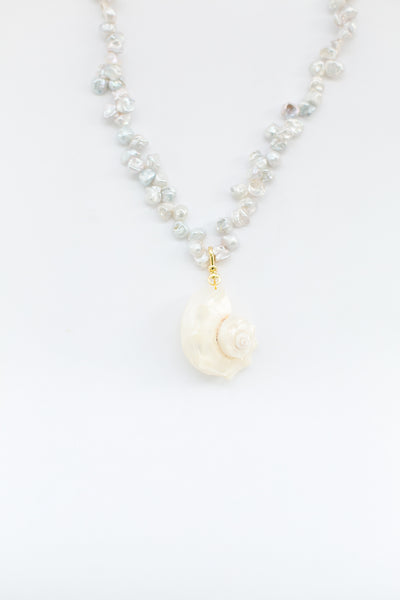 14K Gold Freshwater Pearl Necklace with Seashell Charm