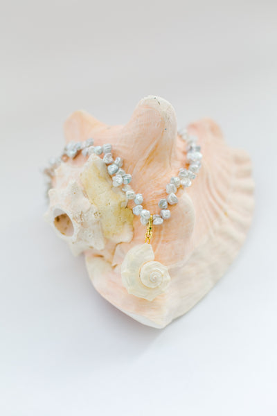 14K Gold Freshwater Pearl Necklace with Seashell Charm
